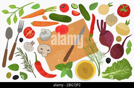 Un insieme di elementi per cucinare. Verdure intere e a pezzi, cucchiaino di posate, coltello e forchetta, olio di girasole, erbe. Illustrazione vettoriale . Illustrazione Vettoriale