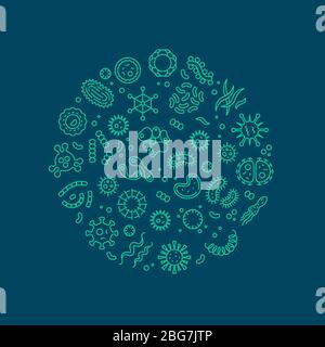 Concetto di vettore di linea di microbi, virus, batteri, cellule di microrganismo e organismi primitivi. Cellule virali e microbi, organismi batterici, illustrazione microscopica medica Illustrazione Vettoriale