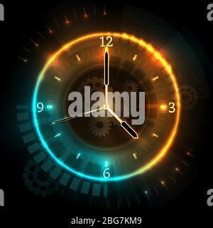 Orologio futuristico digitale con effetti neon. Concetto astratto di vettore di tempo con orologio. Orologio al neon ora, guardare l'illustrazione astratta Illustrazione Vettoriale