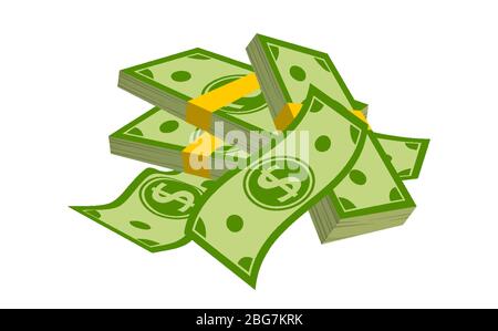 Montagna pulita di banconote note cartoni animati piani. Imballaggio in pacchetti di denaro. Dollaro verde in pacchetti, pacchetto di segni di valuta. Centinaia di dollari di contanti, fatture di carta verde. Illustrazione del vettore isolato Illustrazione Vettoriale