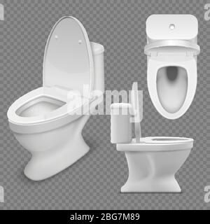 WC. Realistico bagno bianco in casa e vista laterale. Illustrazione del vettore isolato. Il bagno era pulito e in ceramica Illustrazione Vettoriale