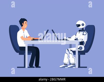 Robot e uomo d'affari. Robot e conflitti umani e futuri. Ai, vettore di intelligenza artificiale. Illustrazione dell'uomo e della macchina di automazione Illustrazione Vettoriale