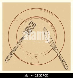 Poster vintage con coltello, forchetta, piatto - sosta nell'illustrazione dello sfondo vettoriale per gli alimenti Illustrazione Vettoriale