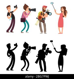 Divertente fotografo professionista con fotocamera scattare foto in diverse pose. Set di silhouette fotografiche. Illustrazione vettoriale Illustrazione Vettoriale