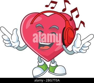 Cartoon mascotte design cuore medico notifica godere della musica con le cuffie Illustrazione Vettoriale