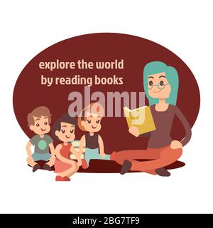 Libro di lettura per giovani insegnanti e bambini felici. Esplora il mondo leggendo i libri cartoon banner design. Illustrazione vettoriale Illustrazione Vettoriale