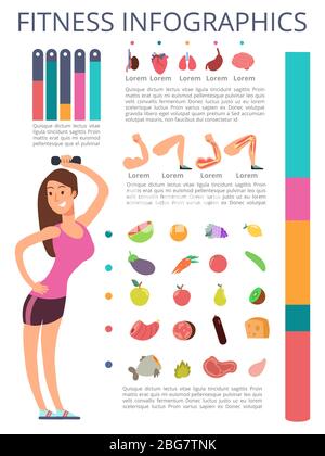 Personaggio donna sport isolato su sfondo bianco. Infografica su fitness e stile di vita sano. Sport sano femminile, fitness infografica lifestyle. V Illustrazione Vettoriale