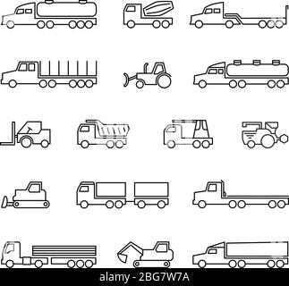 Macchine per l'edilizia. Icone delle linee di veicoli, trattori e attrezzature pesanti. Trattore per trasporto vettoriale, bulldozer e caricatore illustrato Illustrazione Vettoriale