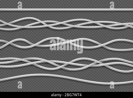 Cavi elettrici. Cavi elettrici industriali bianchi realistici. Set di vettori isolati. Collegamento dei fili, alimentazione elettrica dei cavi, collegamento dell'elettricità Illustrazione Vettoriale