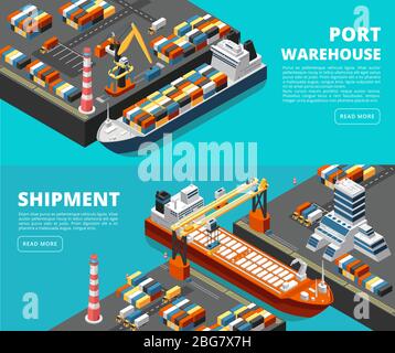 Trasporto marittimo trasporto marittimo orizzontale vettore marittimo e striscioni di trasporto con porto marittimo isometrico, navi, container e gru. Nave cargo, trasporto logistico mare, porto marittimo illustrazione Illustrazione Vettoriale