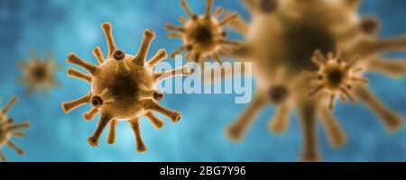 Vista microscopica del virus della corona SARS-cov-2 patogeno in cellule su sfondo blu, illustrazione 3d, banner panoramico con coronavirus, concetto di scienc Foto Stock