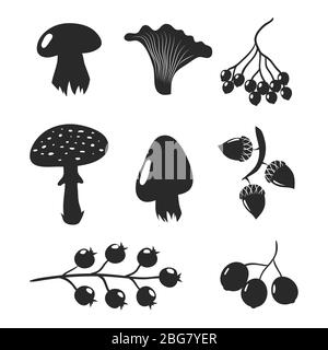 Funghi e bacche silhouette nere isolate su sfondo bianco. Autunno foresta oggetti illustrazione vettoriale Illustrazione Vettoriale