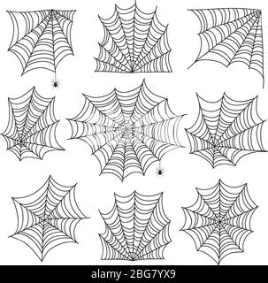 Spiderweb. Angoli di ciottoli e di fotoricettore spooky con ragno. Icone vettoriali di Halloween isolate su sfondo bianco. Angolo di Spooky per Halloween, spaventoso ragno illustrazione silhouette Illustrazione Vettoriale