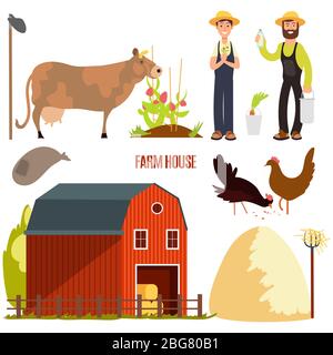 Agricoltura. Elementi vettoriali di cartoni animati di fattoria. Animali da allevamento e agricoltura, fienile e pollo, mucca e illustrazione di agricoltura Illustrazione Vettoriale