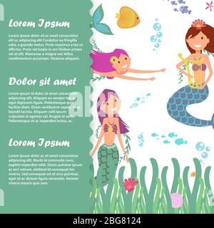 Modello poster banner bambini con pesce, sirene fata, sealife. Illustrazione vettoriale Illustrazione Vettoriale