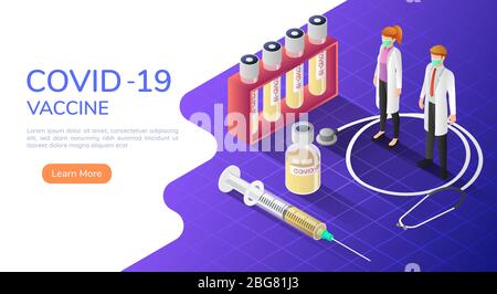 3d isometric web banner medici che indossano maschera medica con COVID-19 o vaccino coronavirus e siringa. COVID-19 o trattamento e prevalenza di coronavirus Illustrazione Vettoriale