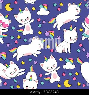 Cute gatti unicorn vettore motivo senza cuciture per bambini stampa tessile. Illustrazione di gattino cornuto comico e stella colorata Illustrazione Vettoriale