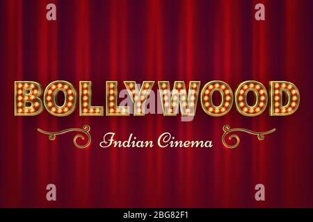 Poster del cinema Bollywood. Vintage indiano classico film sfondo vettoriale con tende rosse. Illustrazione della scritta bollywood india, cinematografia e Illustrazione Vettoriale