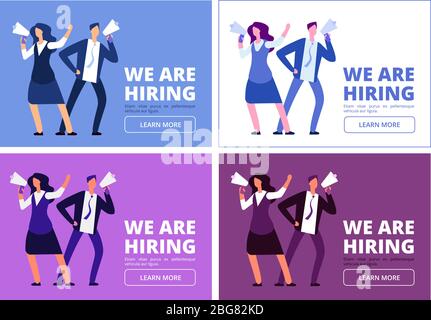 Stiamo assumendo concetto. Uomo e donna con megaphone che gridano per intervista. Background del vettore di reclutamento aziendale. Assunzione di persone, hr e intervista malato Illustrazione Vettoriale