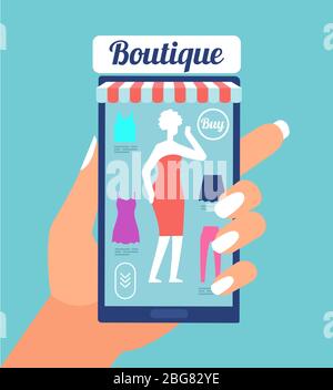 Negozio di moda online. App negozio di abbigliamento sullo schermo del telefono cellulare. Moda shopping mobile retail concetto vettoriale. Illustrazione del negozio al dettaglio su sma Illustrazione Vettoriale