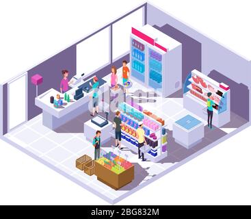 Interno isometrico del negozio di alimentari. Interno supermercato con gente dello shopping e cibo su scaffali e frigorifero. illustrazione vettoriale 3d. Mercato interno isometrico con persone e cibo Illustrazione Vettoriale