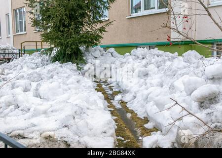 una grondaia che rimuove l'acqua di fusione dalla fondazione e le persiane dell'edificio è sgombrata di neve in primavera Foto Stock