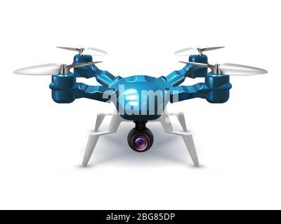 Drone realistico senza pilota con videocamera di registrazione. Copter con telecomando 3d Vector Illustration. Dispositivo antenna remota con elica Illustrazione Vettoriale