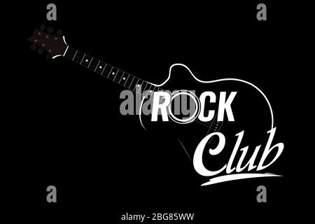 Illustrazione della chitarra con cation Rock Club per Music Club o Bar - illustrazione vettoriale su colore nero. Illustrazione Vettoriale