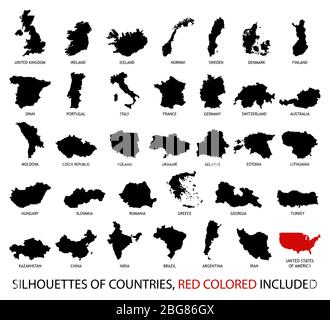 Silhouette di paesi europei e americani in nero e rosso isolato su bianco. Illustrazione Vettoriale