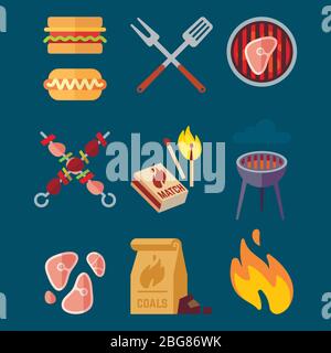 Set di icone piatte per barbecue per il web. Illustrazione vettoriale del campeggio isolata su sfondo blu. Barbecue di carne, carne di manzo sano alla griglia Illustrazione Vettoriale