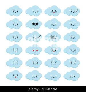 Nubi icone emoji vettore impostato isolato su sfondo bianco. Collezione di kawaii cute, dolce e divertente emoticon ragazzo nuvola segni. Cartone animato stile piatto d Illustrazione Vettoriale