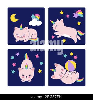 Buone carte notte con gatti dormienti illustrazione vettoriale. Animale gatto unicorn scheda, cartone animato sonno sogno in cielo Illustrazione Vettoriale