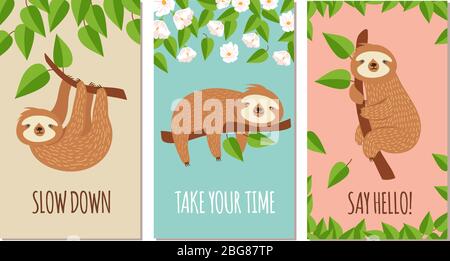 Pigro sloth. Cute slumbering slots sul ramo. Design della t-shirt per bambini o set vettoriale di biglietti d'auguri. Illustrazione di animale assopita, pigrizia e sonno sopra Illustrazione Vettoriale