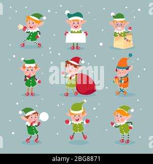 Elf. Cartoon babbo natale aiutanti, nani vettore di natale divertimento elfi personaggi isolati. Elf e helper, illustrazione del carattere nano di natale Illustrazione Vettoriale