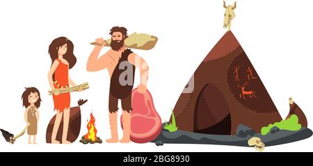 Famiglia Caveman Cartoon. Cacciatori e bambini preistorici di neanderthal. Antica illustrazione vettoriale di homo sapiens. Famiglia neanderthal, cavewoman barbaro Illustrazione Vettoriale