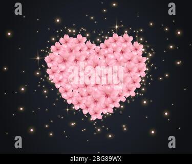 Sfondo vettoriale con cuore dolce da fiori di ciliegia e petali. Texture glitter su sfondo nero. Sfondo delle vacanze. Biglietti per San Valentino e per la madre, inviti per matrimoni, copertine. EPS 10. Illustrazione Vettoriale
