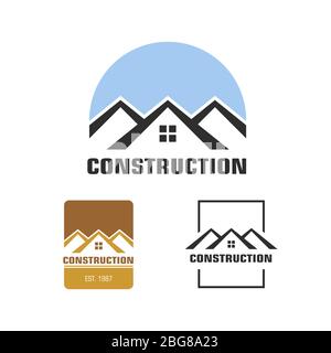 Logo immobiliare, costruzione e architettura, costruzione di case, riparazione e miglioramento. Illustrazione Vettoriale