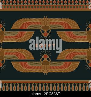 Simboli dell'antico Egitto sotto forma di un modello assurdo con un'illustrazione di un scarabeo con un simbolo del sole nelle zampe e nelle ali. Illustrazione Vettoriale