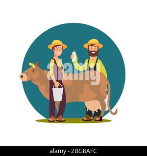Prodotti biologici di latte di fattoria. Personaggio Cartoon felici agricoltori con il disegno vettoriale mucca. Latte mucca e illustrazione di carattere di coltivatore Illustrazione Vettoriale