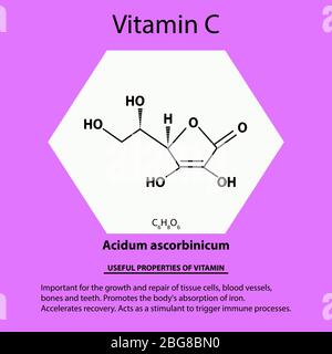 Vitamina C. Acidum ascorbinicum formula chimica molecolare. Proprietà utili della vitamina. Infografica. Illustrazione vettoriale su sfondo isolato. Illustrazione Vettoriale
