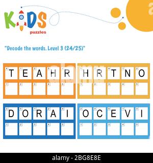 Decodificare le parole di 5 lettere. Esercitazione su fogli di lavoro per bambini di scuola media, elementare e prescolare. Foglio attività puzzle logica divertente. Illustrazione Vettoriale