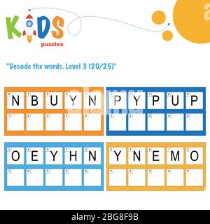 Decodificare le parole di 5 lettere. Esercitazione su fogli di lavoro per bambini di scuola media, elementare e prescolare. Foglio attività puzzle logica divertente. Illustrazione Vettoriale