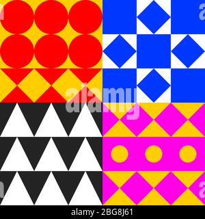 Sfondo piastrellato geometrico, motivo bauhaus color senza cuciture con cerchi, quadrati e triangoli, stampa moderna di moda con forme diverse, design svizzero, mosaico astratto vettoriale Illustrazione Vettoriale