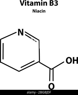 Vitamina B3. Un acido nicotinico. Niacina, vitamina PP. Formula chimica molecolare. Infografica. Illustrazione vettoriale su sfondo isolato. Illustrazione Vettoriale
