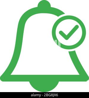 Icona Consenti notifiche. Un allarme attivo sui dispositivi con il segno di spunta di scadenza sulla campana. Illustrazione vettoriale stock isolata Illustrazione Vettoriale