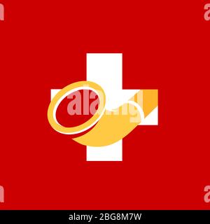 Bandiera svizzera con Alphorn, simbolo nazionale vettoriale della Svizzera con strumento di musica tradizionale alpina. Banner rosso per festival musicale o negozio. Illustrazione Vettoriale