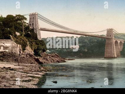 Ponte sospeso dello stretto di Menai, circa 1900 Foto Stock