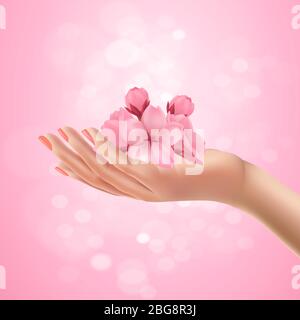 Realistico femmina mano tenendo sakura fiore. rendering 3d. Sfondo astratto sfocato in tenui colori pastello. Fiori in fiore di ciliegia primavera. Design per cosmetici naturali, profumi, prodotti per donne. Illustrazione Vettoriale