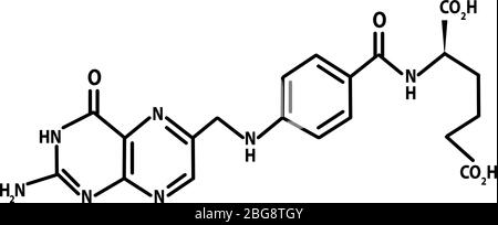 Vitamina B9. Formula chimica molecolare dell'acido folico. Infografica. Illustrazione vettoriale su sfondo isolato. Illustrazione Vettoriale