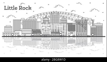 Delineate lo skyline di Little Rock Arkansas City con edifici moderni e riflessi isolati su White. Illustrazione vettoriale. Illustrazione Vettoriale